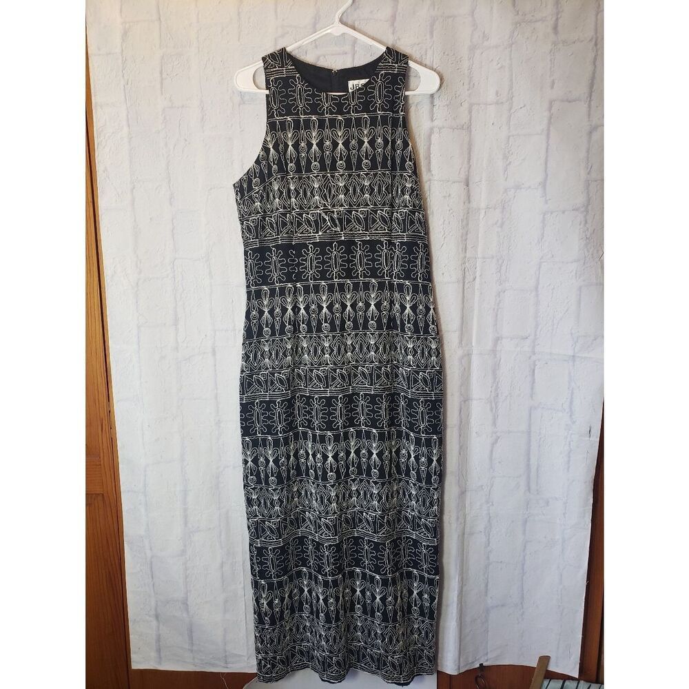 VINTAGE 80s JBS Embroidered Sleeveless Column Maxi Dress 12 Black & White